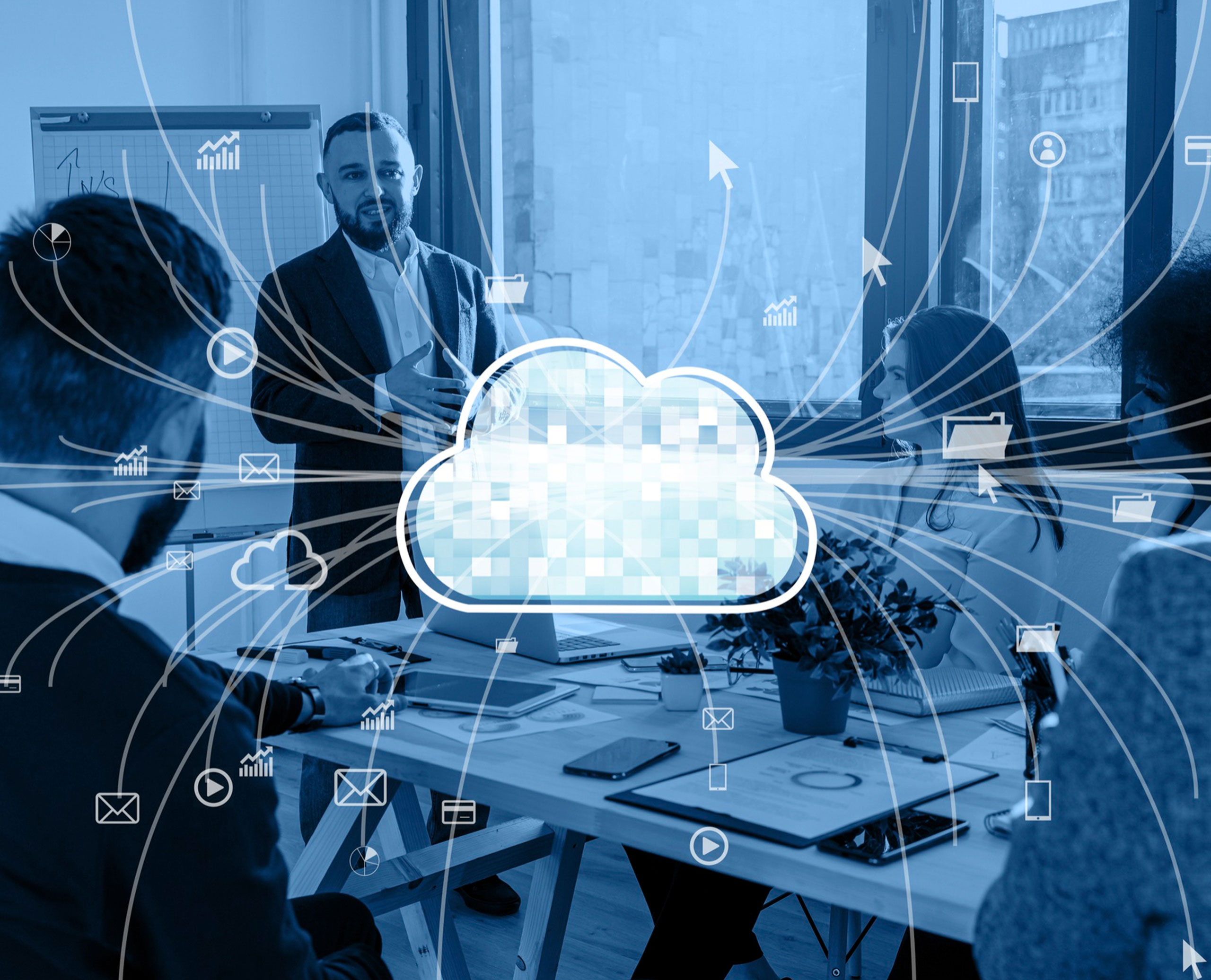 Man giving a briefing during a meeting cloud-email